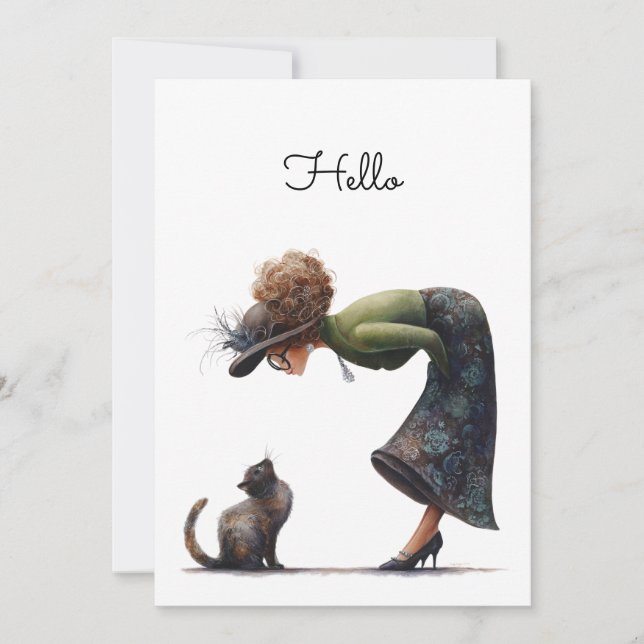 Whimsical Cute Cat and Lady Hello Flat Card (Front)