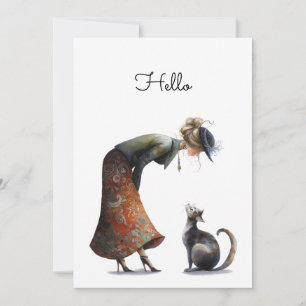 Whimsical Cute Cat and Lady Hello Flat Card