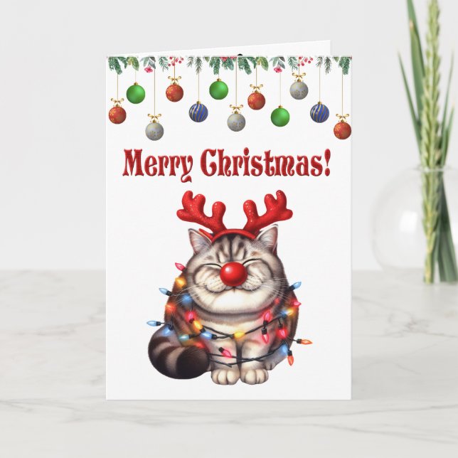 Whimsical Cute Cat Christmas Folded Greeting Card (Front)