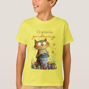 Whimsical Cute Cat "I'd Rather Be Gardening" T-Shirt