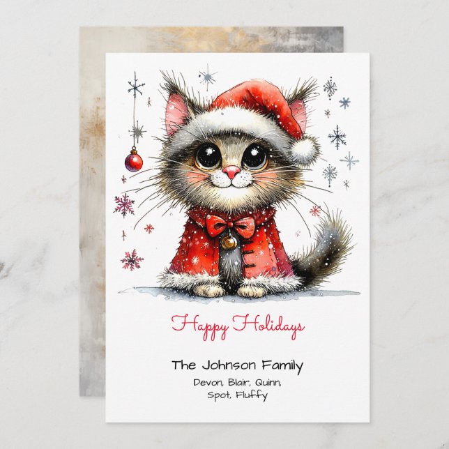 Whimsical Cute Cat in a Santa Hat Happy  Holiday Card (Front/Back)