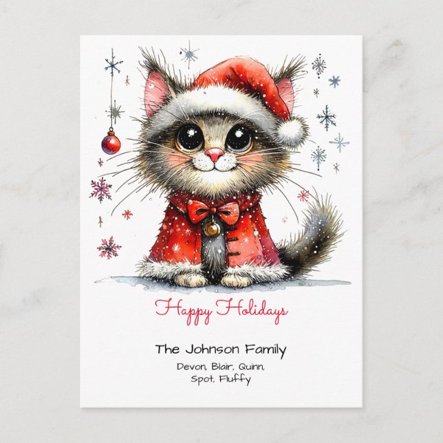 Whimsical Cute Cat in a Santa Hat Happy Holidays Postcard (Front)