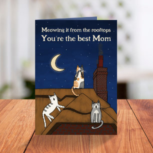 Whimsical Cute Cat Meowing Rooftops Mothers Day Card