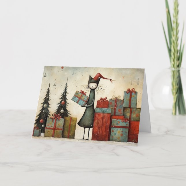 Whimsical Cute Cat with Christmas Gifts and Tree  Card (Front)
