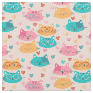 whimsical cute cats glasses funny hearts fabric