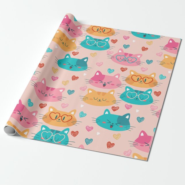 whimsical cute cats glasses funny hearts wrapping paper (Unrolled)