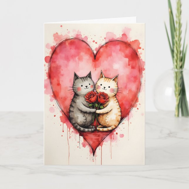 Whimsical Cute Cats Valentine Hearts and Red Roses Card (Front)