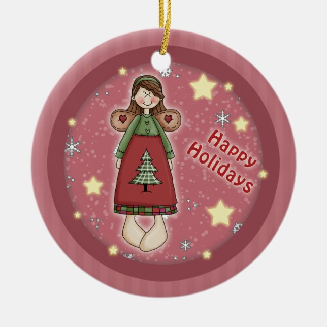 Whimsical cute Christmas angel stars Ceramic Ornament (Front)