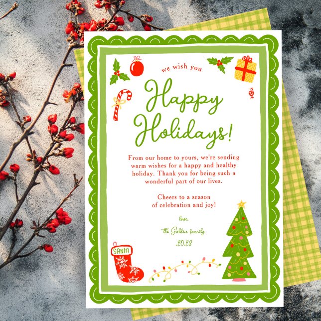 Whimsical Cute Christmas CUSTOM Scalloped  Holiday Card (Whimsical Cute Christmas CUSTOM Scalloped hand drawn no photo Holiday Card
)