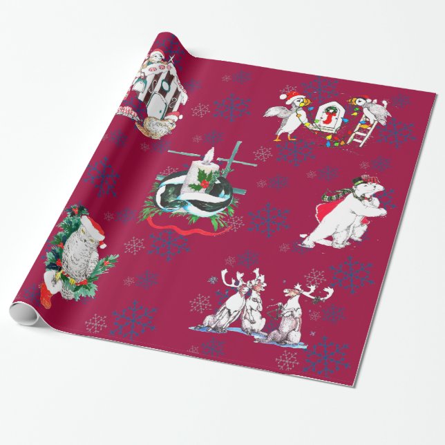 Whimsical Cute Christmas Wildlife Wrapping Paper (Unrolled)