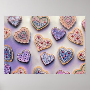 Whimsical cute colourful cookies hearts watercolor poster