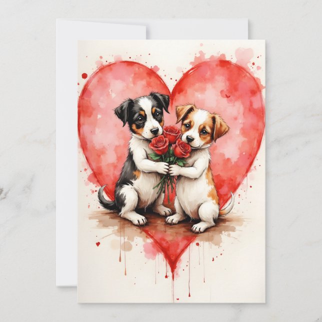Whimsical Cute Dogs Valentine Hearts and Red Roses Card (Front)