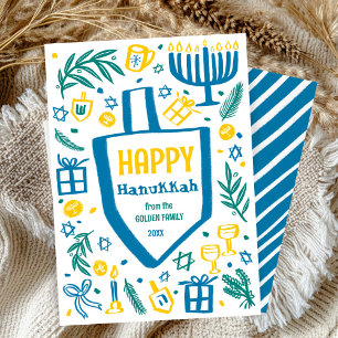 Whimsical Cute Dreidel Menorah CUSTOM HANUKKAH Holiday Card