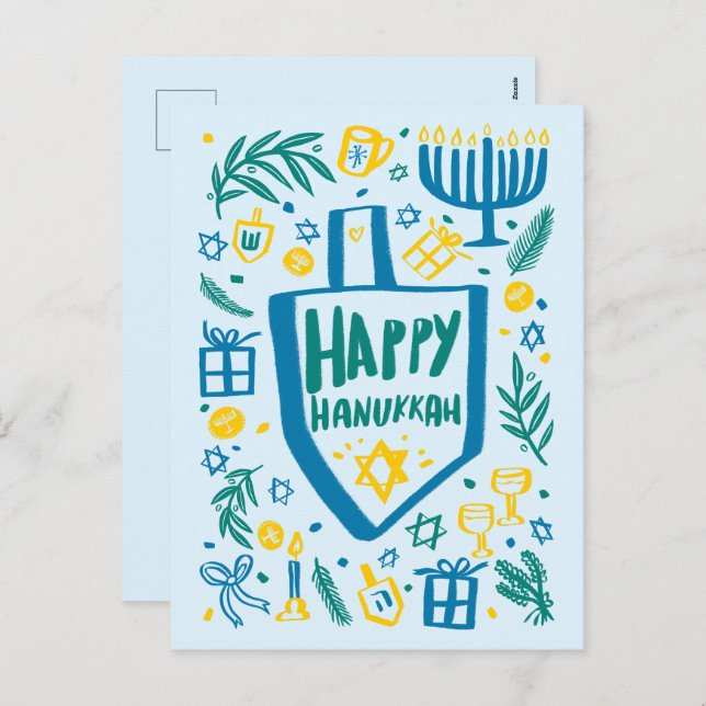Whimsical Cute Dreidel Menorah CUSTOM HANUKKAH Holiday Postcard (Front/Back)