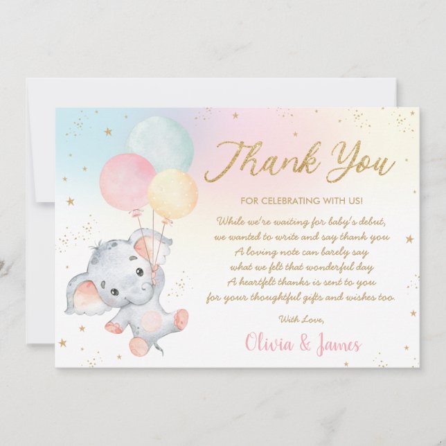 Whimsical Cute Elephant Balloons Baby Shower Girl  Thank You Card (Front)
