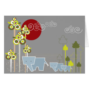 Whimsical Cute Elephant Family In Forest Trees Sun