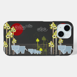 Whimsical Cute Elephant Family In Forest Trees Sun iPhone 15 Case