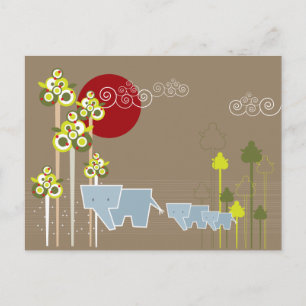 Whimsical Cute Elephant Family In Forest Trees Sun Postcard