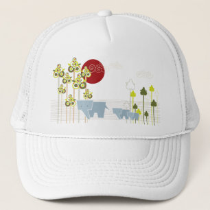 Whimsical Cute Elephant Family In Forest Trees Sun Trucker Hat