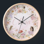 Whimsical Cute Fairy Wildflower Garden Meadow Clock<br><div class="desc">Personalised this whimsical wildflower fairies round wall clock easily and quickly. Simply click the Edit Using Design Tools button to edit the text, change font and font colours. Featuring watercolor hand-drawn fairies in an enchanted wildflower meadow. Matching items available in store. All text is editable! Makes a wonderful personalised present!...</div>
