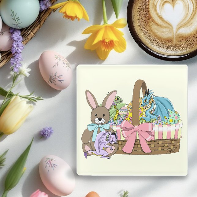 Whimsical Cute Fantasy Dragons Easter Basket  Glass Coaster (Creator Uploaded)