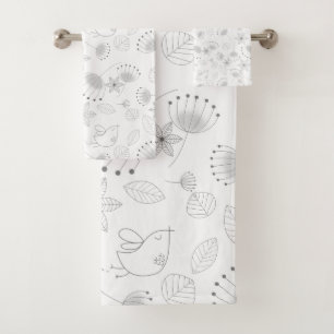 Whimsical Cute Floral and Bird Pattern on White Bath Towel Set