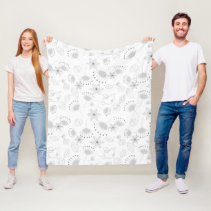 Whimsical Cute Floral and Bird Pattern on White Fleece Blanket