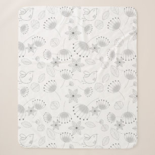 Whimsical Cute Floral and Bird Pattern on White Sherpa Blanket