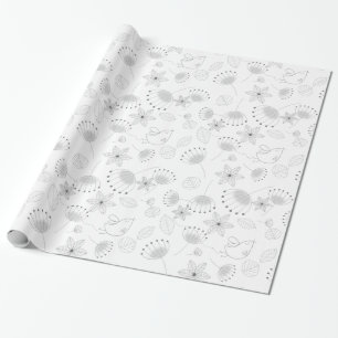 Whimsical Cute Floral and Bird Pattern on White Wrapping Paper