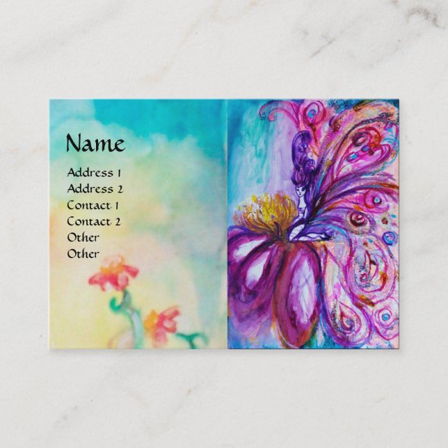 WHIMSICAL CUTE FLOWER FAIRY IN PINK,GOLD SPARKLES BUSINESS CARD (Front)