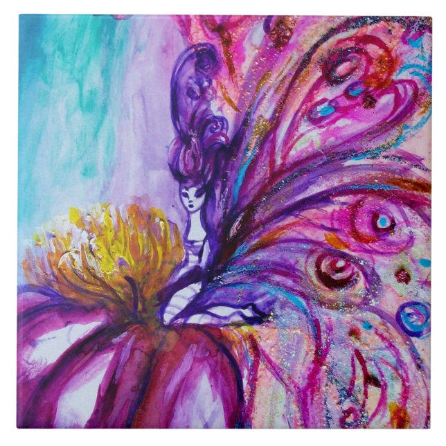 WHIMSICAL CUTE FLOWER FAIRY IN PINK,GOLD SPARKLES CERAMIC TILE (Front)
