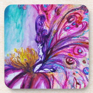 WHIMSICAL CUTE FLOWER FAIRY IN PINK,GOLD SPARKLES COASTER