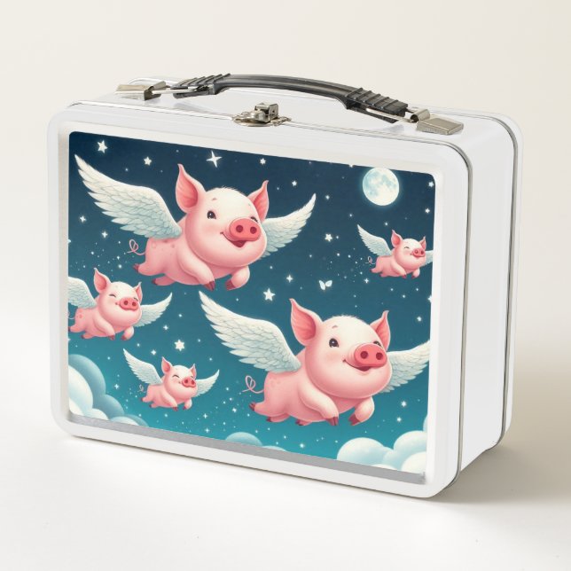 Whimsical Cute Flying Pigs in Starry Night Sky Metal Lunch Box (Front)