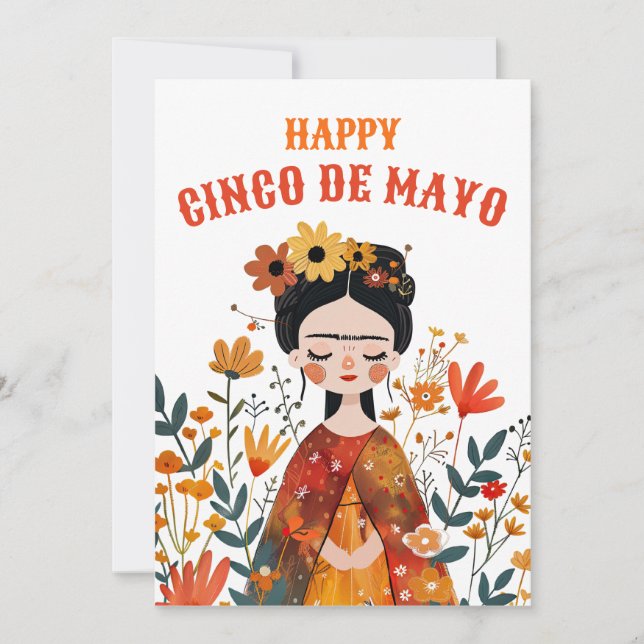 Whimsical Cute Frida Kahlo Happy Cinco de Mayo Holiday Card (Front)