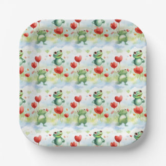 Whimsical cute frogs with red balloons paper plate