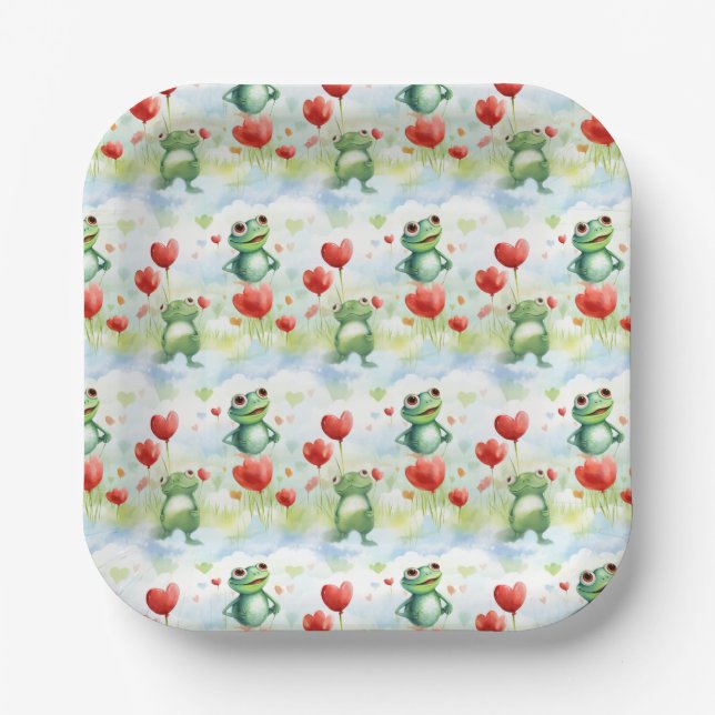 Whimsical cute frogs with red balloons paper plate (Front)