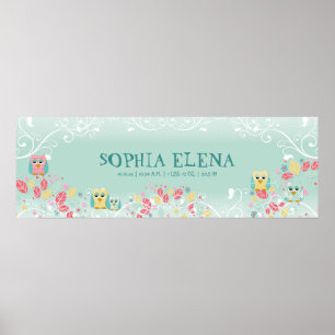 Whimsical Cute Fun Swirl Owl Owls Baby Name Wall Poster