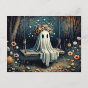 Whimsical Cute Ghost with Floral Crown on Swing Postcard