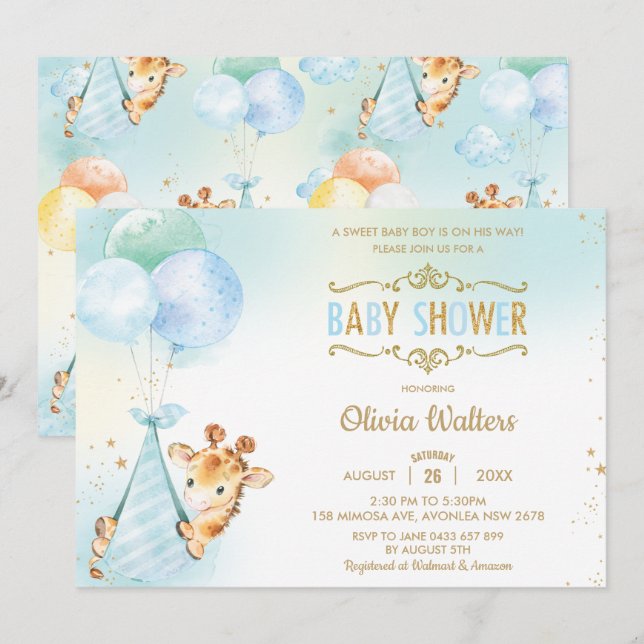 Whimsical Cute Giraffe Balloons Baby Shower Boy Invitation (Front/Back)