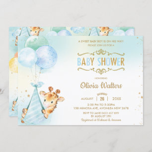 Whimsical Cute Giraffe Balloons Baby Shower Boy Invitation