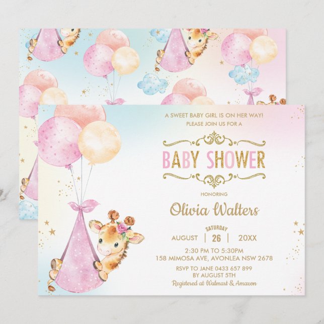 Whimsical Cute Giraffe Balloons Baby Shower Girl Invitation (Front/Back)