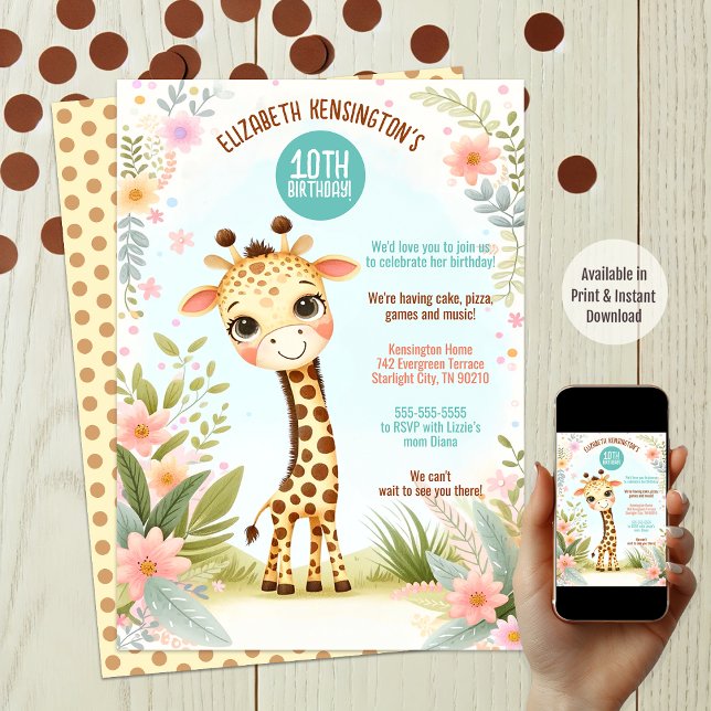 Whimsical Cute Giraffe Birthday Party  Invitation (Available in print and instant download)