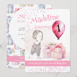 Whimsical Cute Girl 1st Birthday Pink Balloon Gift Invitation