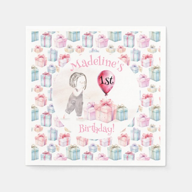 Whimsical Cute Girl 1st Birthday Pink Balloon Gift Napkin (Front)