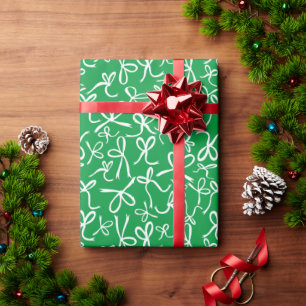 Whimsical Cute Green White Bows Pattern Christmas Wrapping Paper
