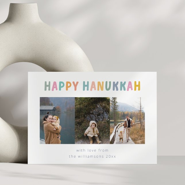 Whimsical Cute Happy Hanukkah Multi Photo Four Holiday Card (Creator Uploaded)