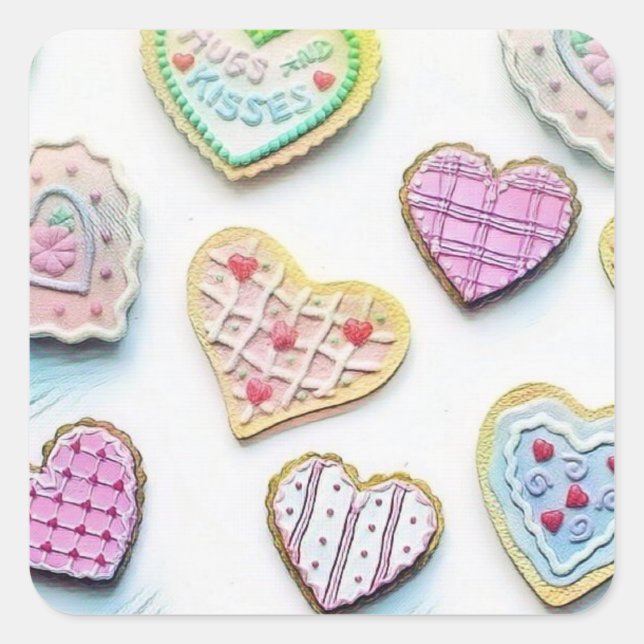 Whimsical cute hearts colourful drawing  square sticker (Front)