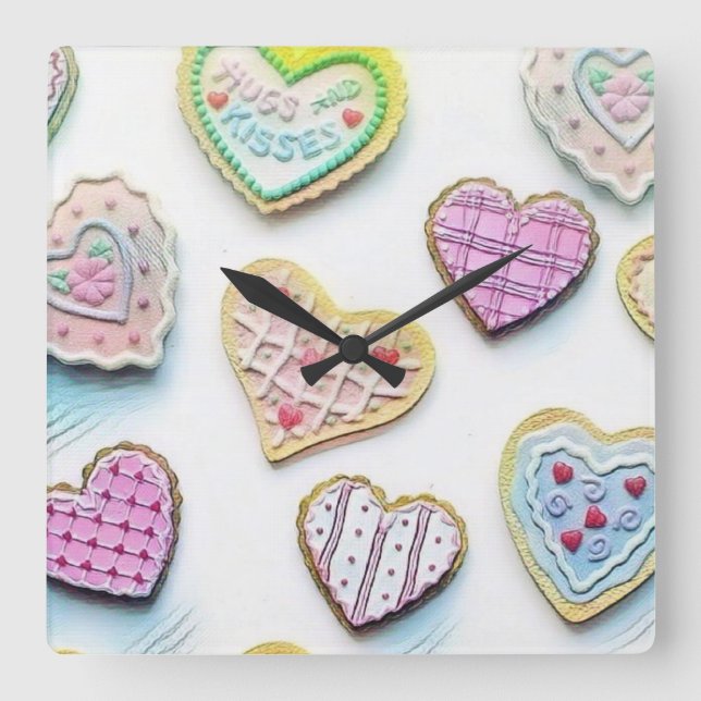 Whimsical cute hearts colourful Drawing  Square Wall Clock (Front)