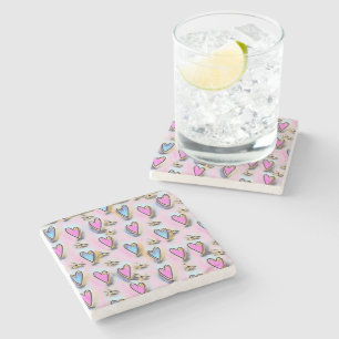 Whimsical cute hearts colourful drawing stone coaster