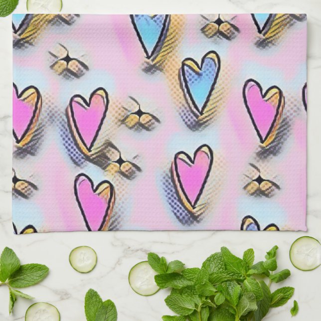 Whimsical cute hearts colourful drawing   tea towel (Folded)